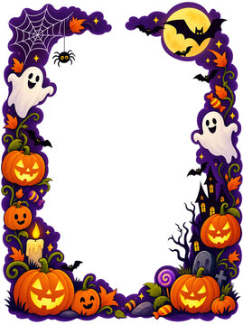 Vertical Halloween Border Frame With Ghosts Pumpkins and Spider Webs