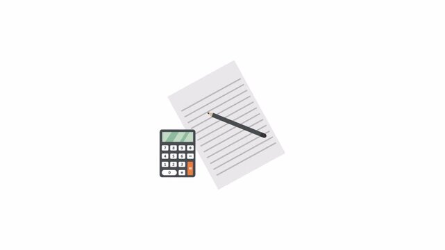 Digital calculator, lined paper, black pen, office supplies for accounting and math work. Suitable for financial or educational designs.