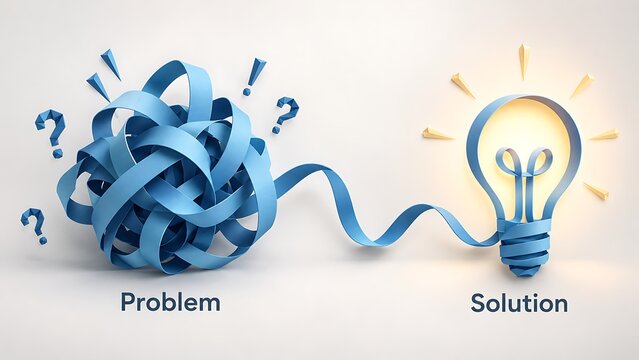 Tangled Blue Ribbon Transforming Into Lightbulb Concept Problem Solving And Innovative Solution