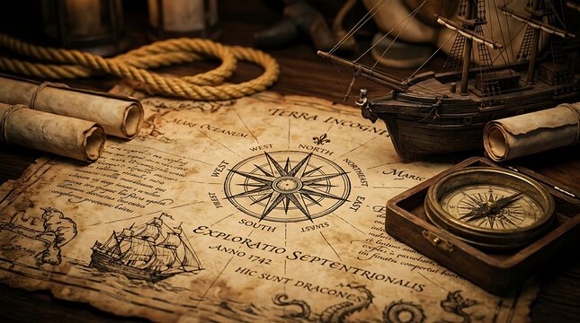 Vintage nautical map with compass and model ship