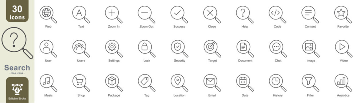 minimalist search line icons with editable strokes, including web, text, zoom, security, media, shopping, location, and analytics editable stroke
