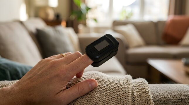 Person checking blood oxygen level with pulse oximeter on finger at home