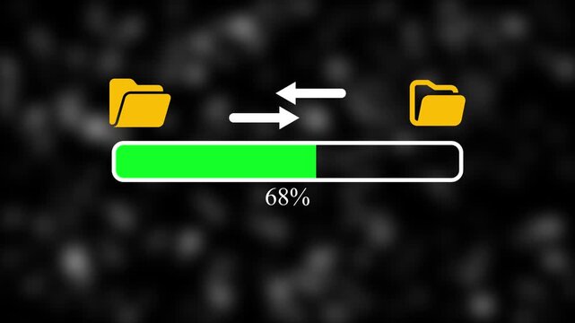 Data transfer animation with folder icons and green progress bar showing hundred percent status on dark background 4k video