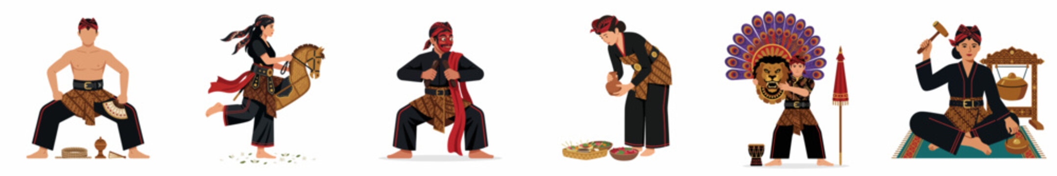 Illustrations of Javanese Indonesian Cultural Traditions Including Reog Ponorogo Dancers, Kuda Lumping, Silat Martial Arts and Gamelan Musicians on White Background