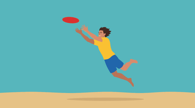 Man catching frisbee on beach during summer vacation, action shot