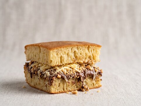Upright martabak slice reveals fluffy layers with chocolate, cheese, and nuts, creating a clean commercial visual for dessert advertising, menus, packaging concepts, and campaigns.