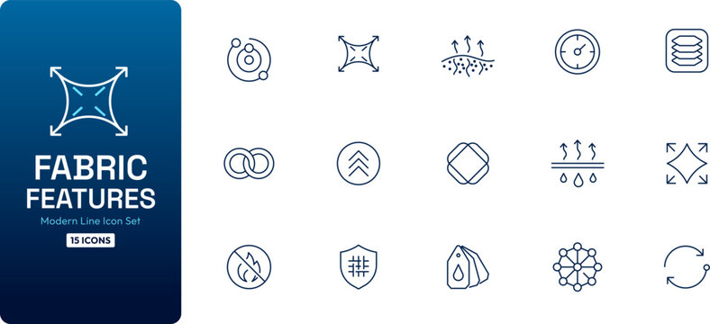 Fabric features line icon set illustrating textile properties like stretch, breathability, and waterproof