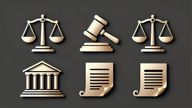 Legal symbols: scales, gavel, courthouse, and documents on dark background.