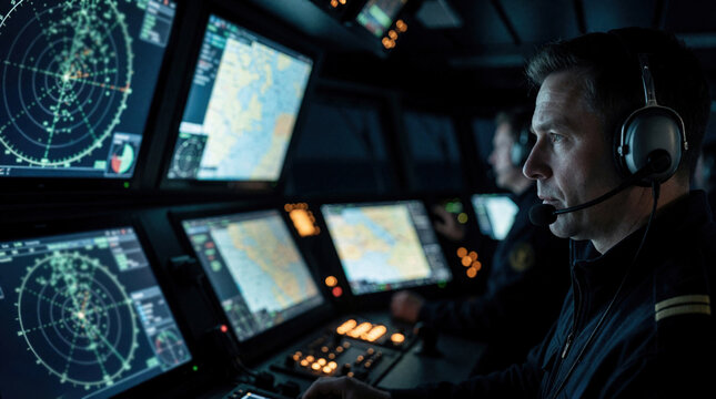 Male maritime crew member wears headset for radio communication. Officer monitors multiple radar screens, navigation charts, AIS data on ship bridge. Pro personnel manage vessel safety, maritime