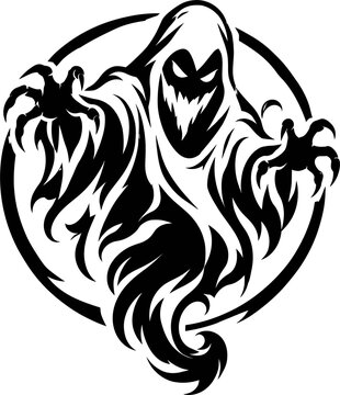 Angry spooky ghost silhouette in circle badge vector illustration. Scary black and white phantom logo design.