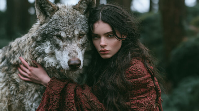 Female portrait of woman outdoors in the forest with wild dog together. Fairy tale atmosphere in dark. Fashion people. Woodland dweller in the nature. Friendship of human and animal like a wolf 