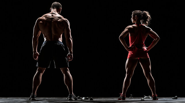 Group portrait of man and woman in studio. Fitness concept for exercise and muscular build. Professional athlete, fit photography. Two people doing sport