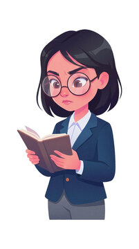 Young woman wearing glasses reading a book intently.