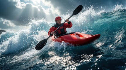 Obraz premium Man in red helmet paddles red kayak through big ocean wave. Extreme athlete performs whitewater kayaking in stormy sea. Action shot of man navigating sea swell with paddle during adventure sport