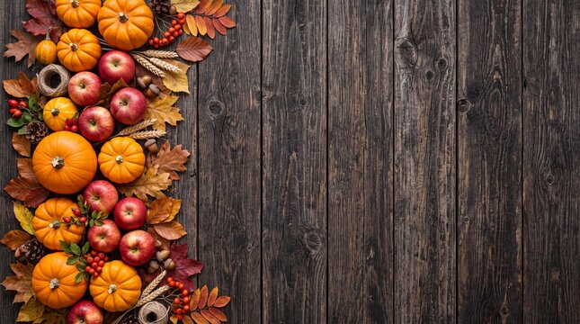 Autumn harvest border with pumpkins apples and fall leaves on a dark rustic wooden background.