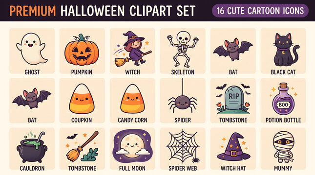 Halloween Clipart Set With Sixteen Cute Cartoon Icons and Labels