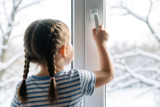 Child with braided hair opens window looking at snowy outdoor scene. Kid plays near glass pane, winter day inside house. Small girl reaches for handle, unaware of danger.