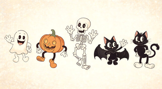Retro Rubber Hose Cartoon Halloween Characters Ghost Pumpkin and Skeleton