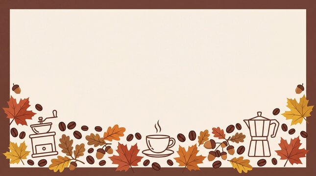 Autumn themed coffee background with roasted beans, fall leaves, and brewing equipment.