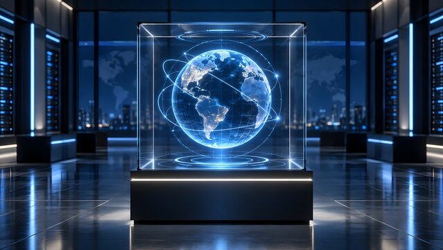 Futuristic holographic glowing earth globe with digital network connections displayed in a modern glass cube in a dark high tech server room with blue neon lights and city skyline view