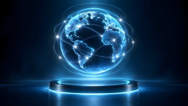 Futuristic glowing blue digital globe with interconnected lines and nodes symbolizing global network data transfer and communication on a dark background with a glowing podium.