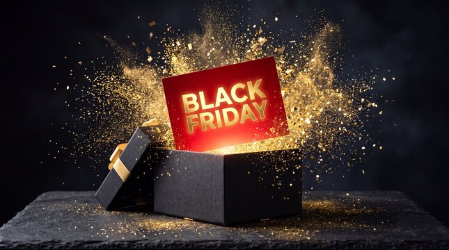 Black Friday gift box opening with brilliant gold sparkles and glowing red sale card.