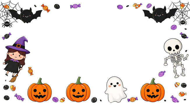 Cute Kawaii Halloween Border Frame With Witch Ghost Pumpkins and Candy