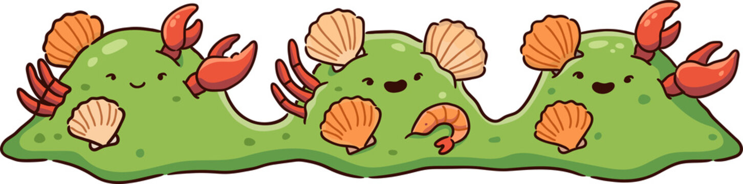 cute seaweed border with cartoon crab and shell marine life element