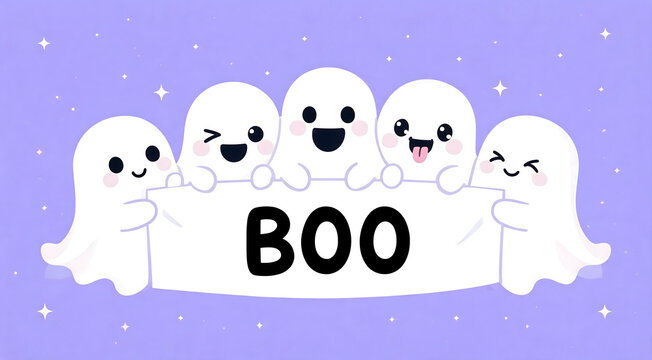 Five Cute Cartoon Ghosts Holding a Boo Banner on a Lavender Background