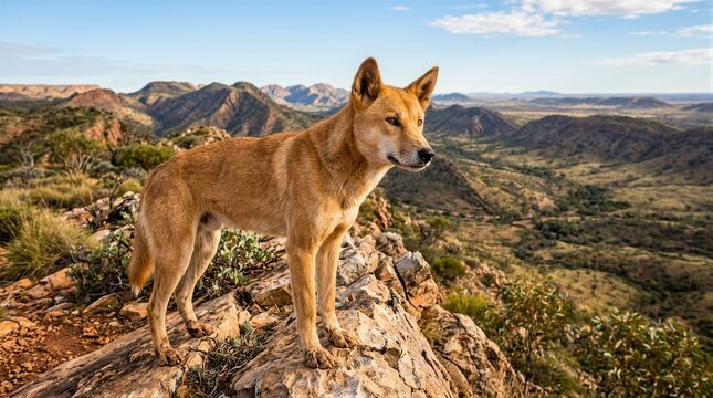Dingo standing on rocky ridge overlooking valley landscape