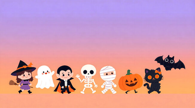 Row of Cute Flat Halloween Characters on a Sunset Gradient Background