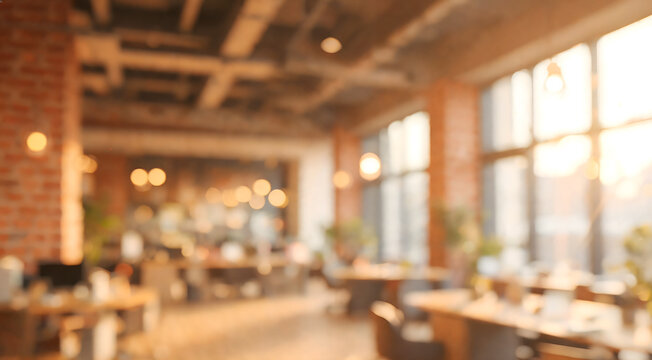 Defocused Warm Industrial Cafe Interior With Golden Bokeh Lights