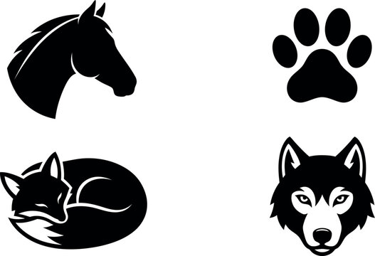 Black and white illustrations of a horse paw print fox and wolf head