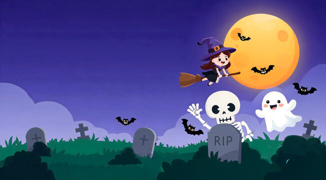 Cute Cartoon Halloween Graveyard Scene With a Witch Skeleton and Ghost