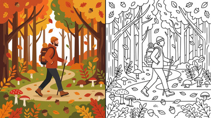 Obraz premium Man Hiking in Autumn Forest Path, Surrounded by Falling Leaves and Mushrooms