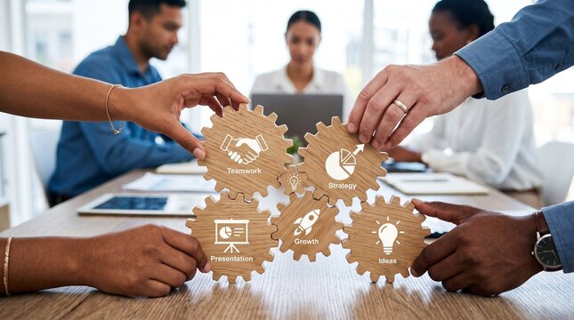 Collaborative Teamwork: Diverse Hands Connecting Wooden Gears with Icons Symbolizing Ideas, Communication, and Partnership in a Modern Office Setting. Amity