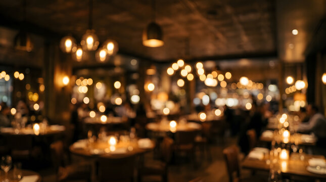 Blurred Restaurant Interior at Night With Warm Pendant Light Bokeh