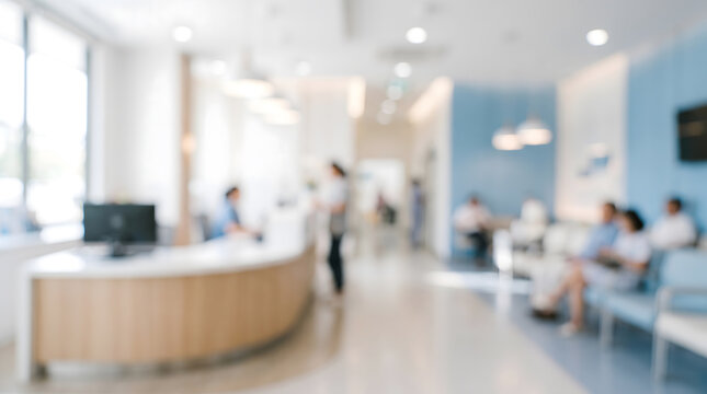 Blurred Modern Clinic Reception Area With Waiting Patients and Staff