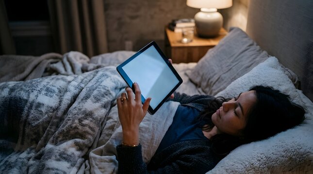 Woman lying in bed using a blank screen tablet at night