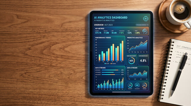 Tablet Displaying an AI Analytics Dashboard on a Wooden Desk With Coffee
