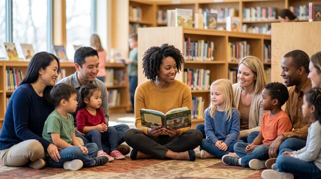 Diverse Children and Parents Listening Together as a Community Volunteer Shares a Picture Book inside a Warm Neighborhood Public Library during a Weekend Story Circle