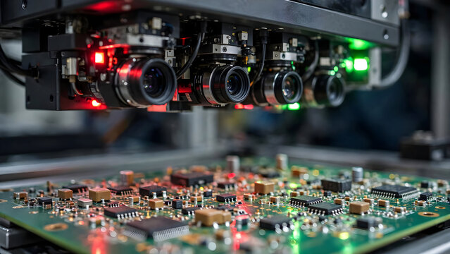 Optical inspection lenses glowing over populated pcb at dark line for quality assurance article