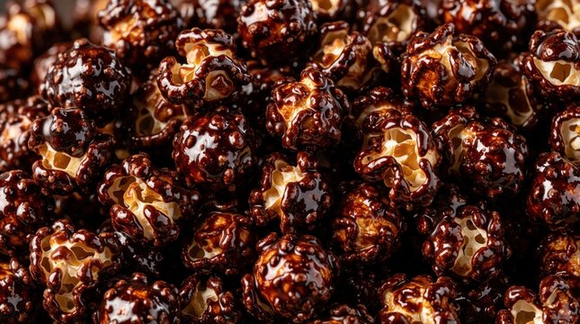 Dark chocolate covered popcorn pile offers sweet crunchy snack for movie night or party. Rich cacao coating on fluffy kernels perfect for sharing, satisfying sweet cravings during leisure time.