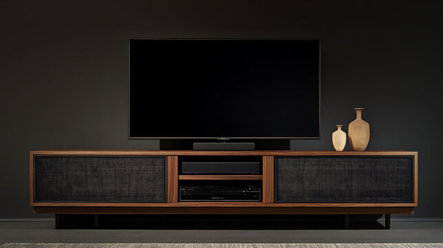 Modern Interior Living Room & TV Wall Design Images for Adobe Stock: High-Resolution Smart TV, Wooden Cabinet, Minimalist Home Entertainment, Dark Wall and Cozy Luxury Decor