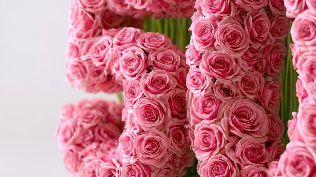 Close-up view of number 50 made from pink roses. Fresh petals create curves. Natural light highlights flowers on a white background.