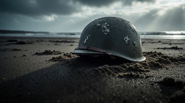 Old military helmet sits on sandy beach near ocean waves under cloudy sky. This photo symbolizes D-Day and war remembrance, evoking solemn thoughts about history and sacrifice.