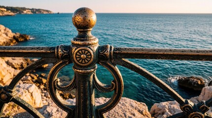 Obraz premium Ornate metal railing borders sea view. Decorative balustrade on coastal promenade overlooks blue ocean waters and rocky shore. Sunny day creates tranquil seaside atmosphere.