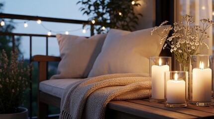 Obraz premium Balcony at dusk with warm candle light and string lights. Cushions and throw on bench. Flowers and plants create cozy atmosphere for outdoor relaxation.