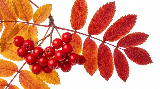Rowan leaves and red berries are isolated on a white background