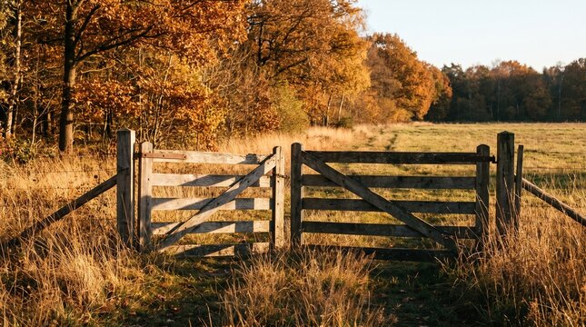 Open wooden gate stands in a golden autumn field landscape